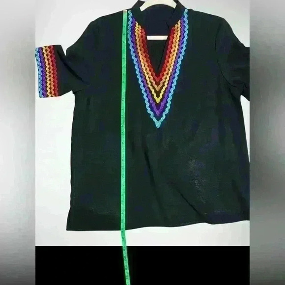 Women's Casual Boho Embroidered V-Neck Short Sleeve Shirt Fall Blouse - Picture 5 of 7